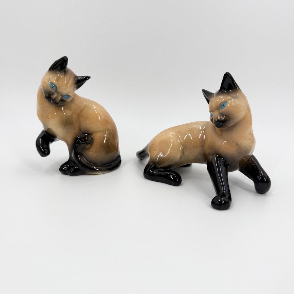 Vintage 1951 Siamese Blue Eyes Palm Springs Ceramic Cat Figurines 6x8"